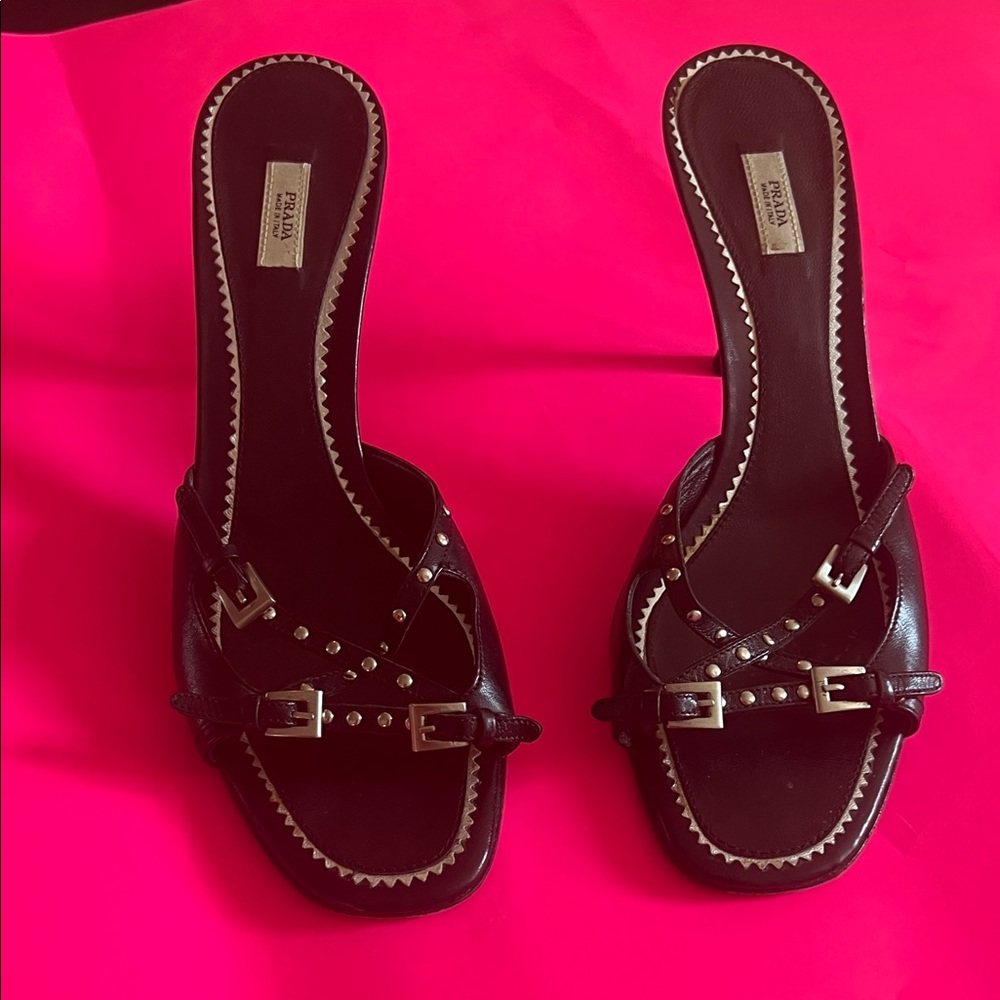 Y2K Prada Black Silver Studded Leather mules.